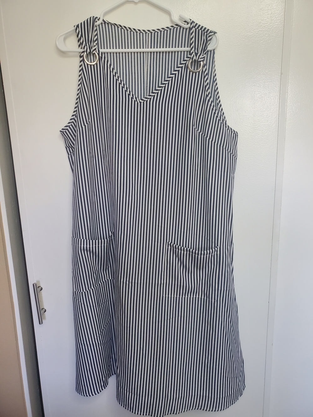 Source Unknown Blue & White Vertical Stripe Midi Dress with Ring Detail